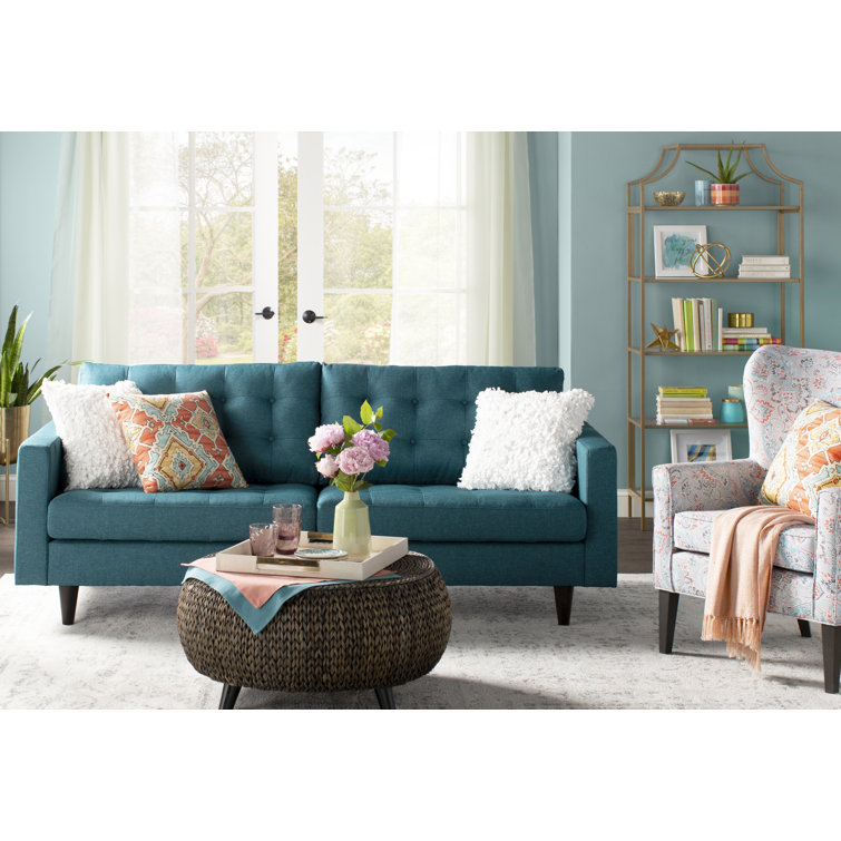 Teal Tufted Fabric Sofa with Solid Wood Legs