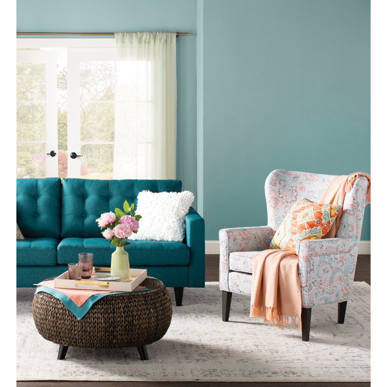 Teal Tufted Fabric Sofa with Solid Wood Legs