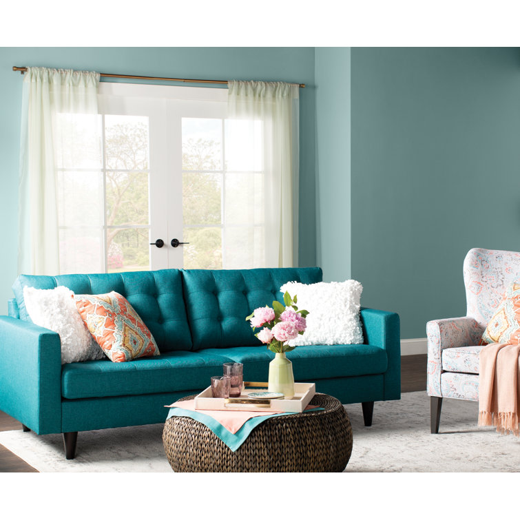 Teal Tufted Fabric Sofa with Solid Wood Legs