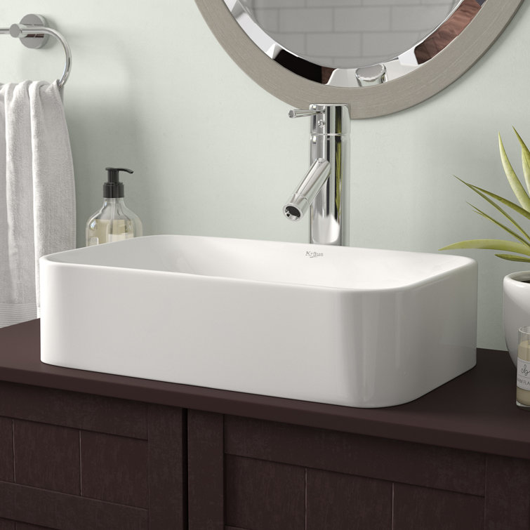 White Ceramic Rectangular Above-Counter Vessel Sink with Chrome Drain