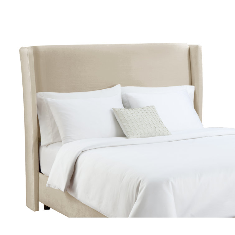 Beige Queen Upholstered Wingback Bed with Wood Frame