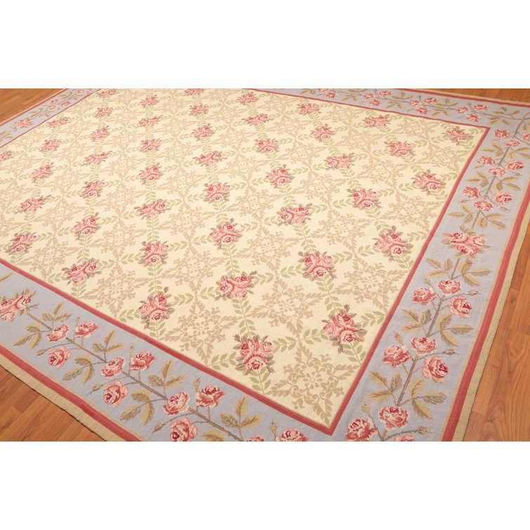 Handmade Aubusson Floral Trellis Wool Rug 9' x 12' in Blue