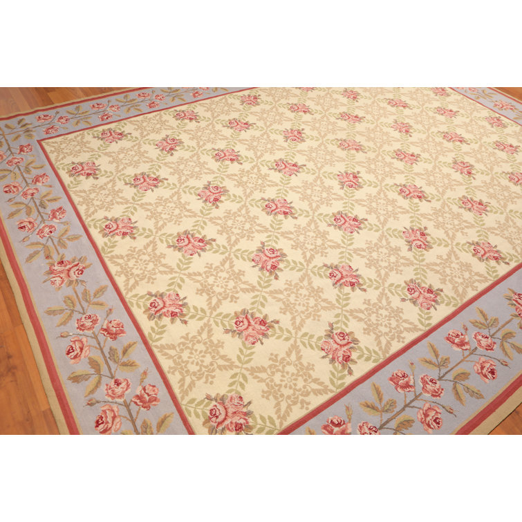 Handmade Aubusson Floral Trellis Wool Rug 9' x 12' in Blue