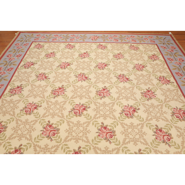 Handmade Aubusson Floral Trellis Wool Rug 9' x 12' in Blue