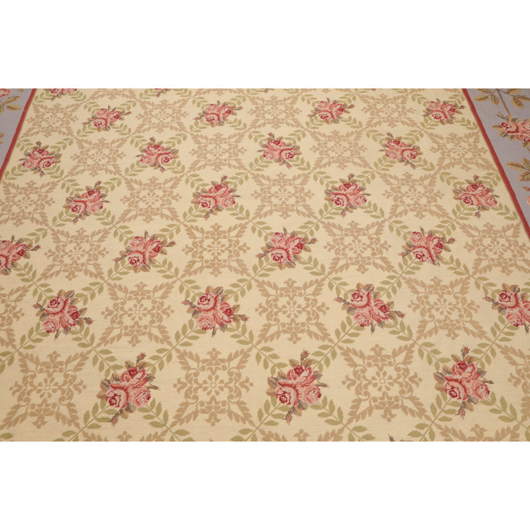 Handmade Aubusson Floral Trellis Wool Rug 9' x 12' in Blue