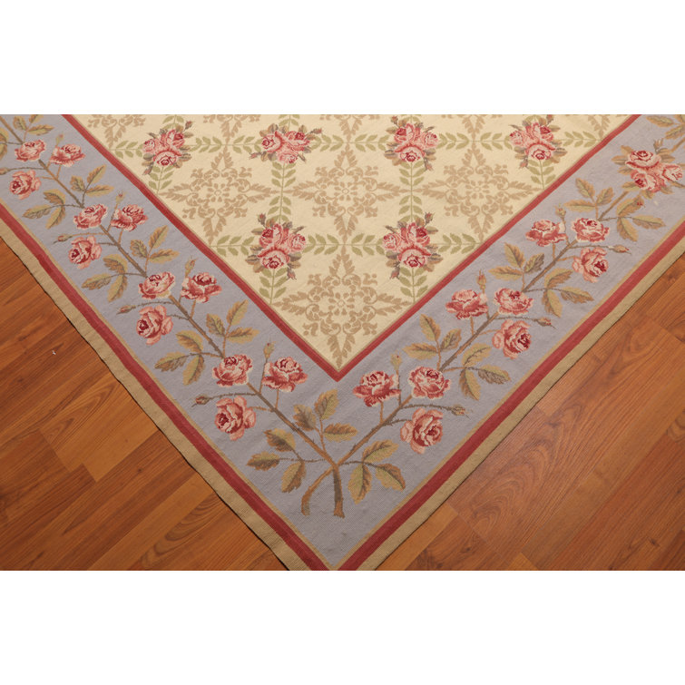Handmade Aubusson Floral Trellis Wool Rug 9' x 12' in Blue
