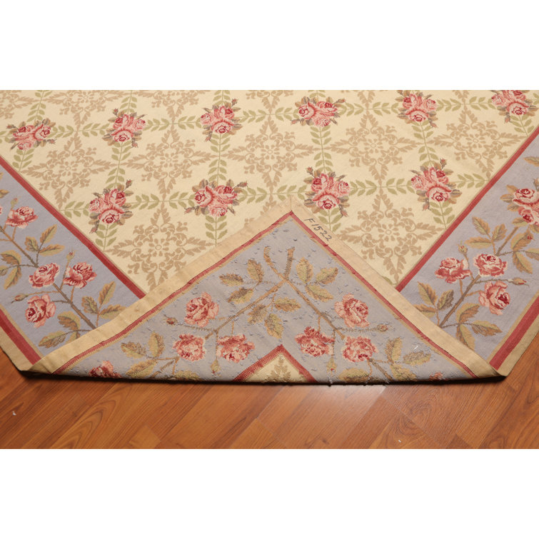 Handmade Aubusson Floral Trellis Wool Rug 9' x 12' in Blue