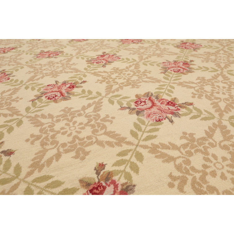 Handmade Aubusson Floral Trellis Wool Rug 9' x 12' in Blue