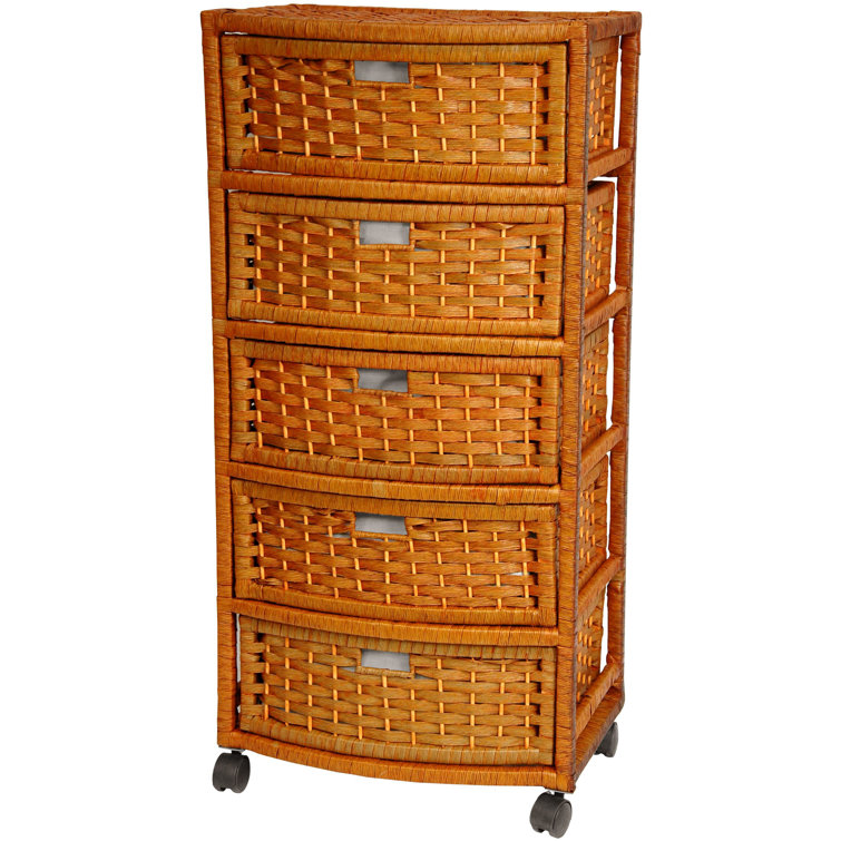 Honey Brown Woven Fiber 5-Drawer Storage Chest with Casters
