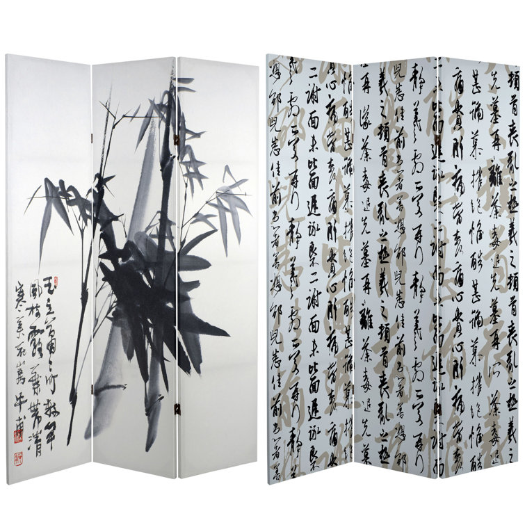 6 ft. White Bamboo Calligraphy Canvas Room Divider
