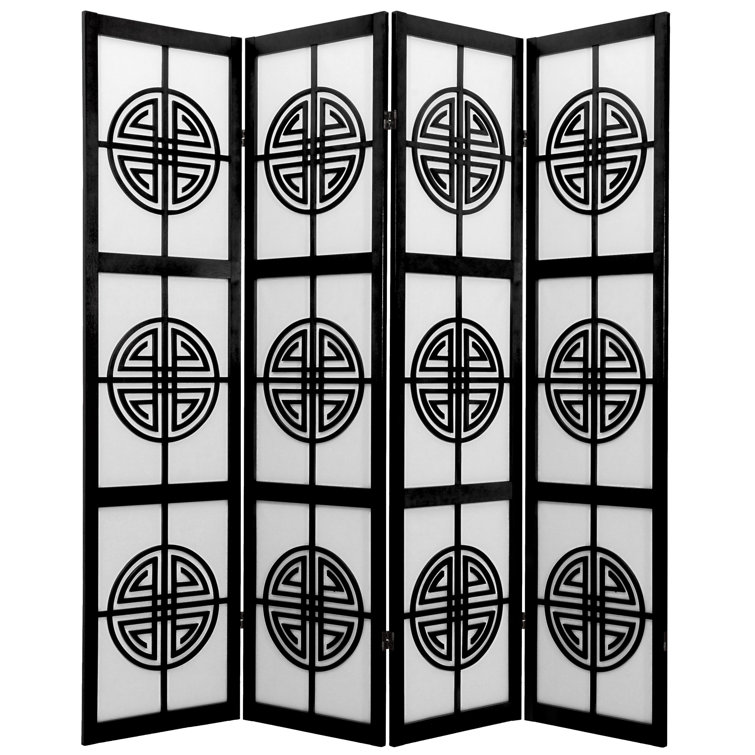 Black and White Spruce Wood Shoji 4-Panel Room Divider