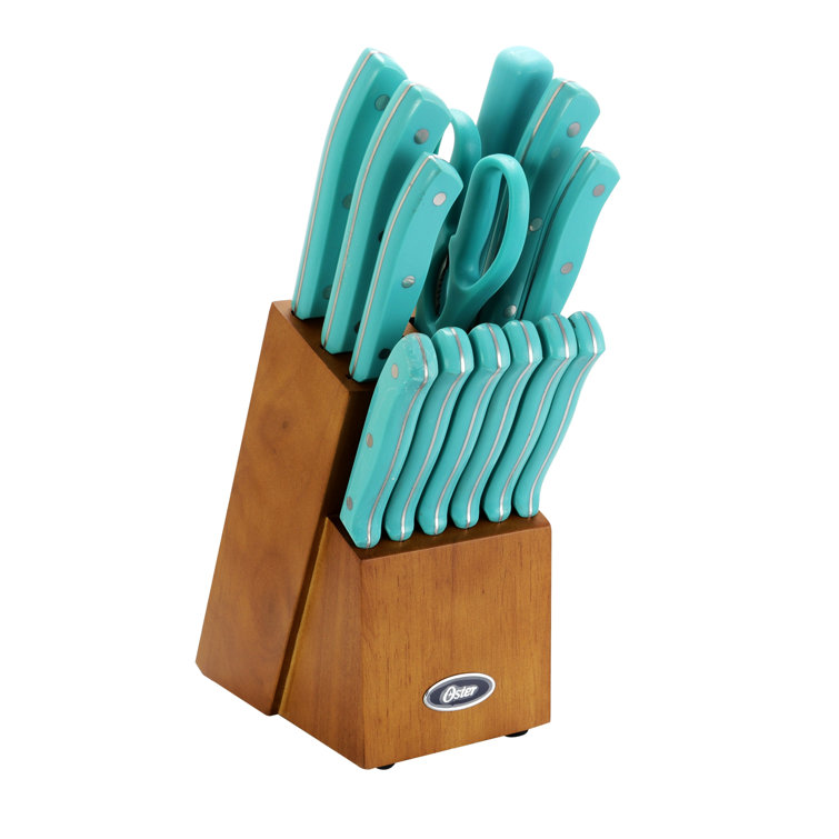 Evansville 14-Piece Stainless Steel Cutlery Set with Turquoise Handles and Wood Block