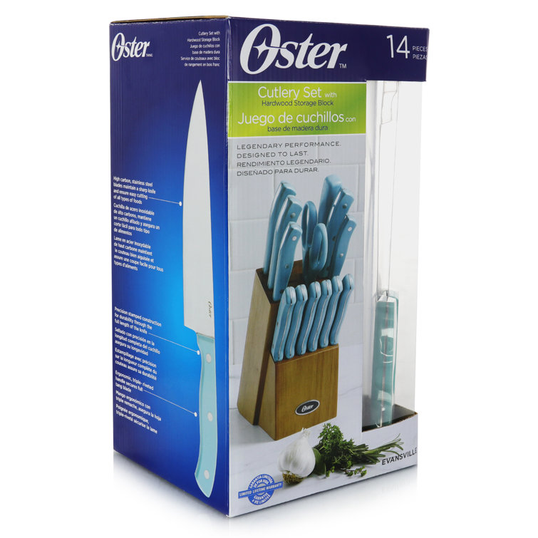 Evansville 14-Piece Stainless Steel Cutlery Set with Turquoise Handles and Wood Block