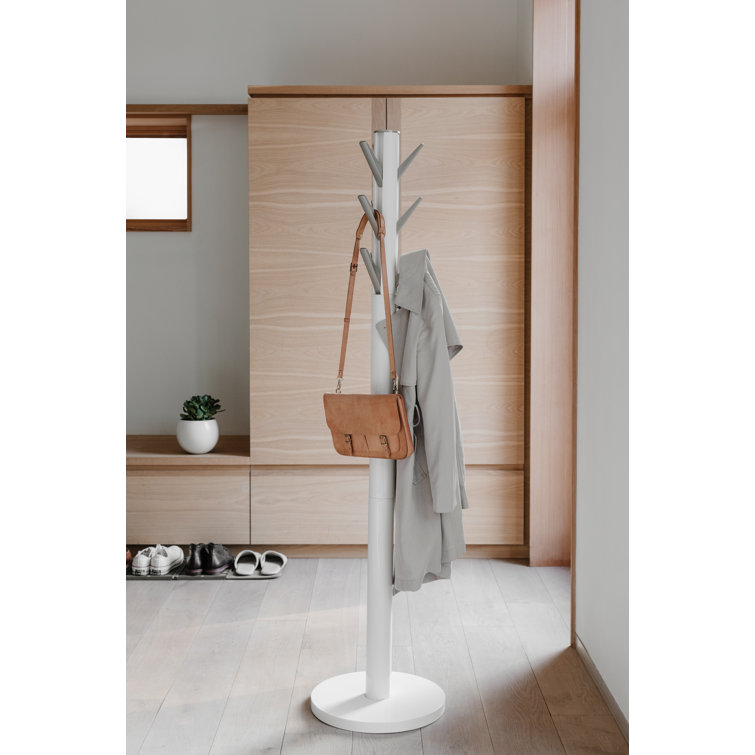 Sleek Flapper 9-Hook White Wooden Freestanding Coat Rack