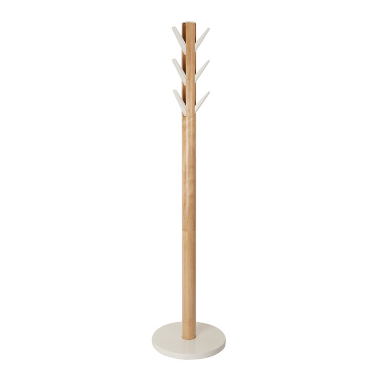 Sleek Modern White/Natural Rubberwood 9-Hook Coat Stand