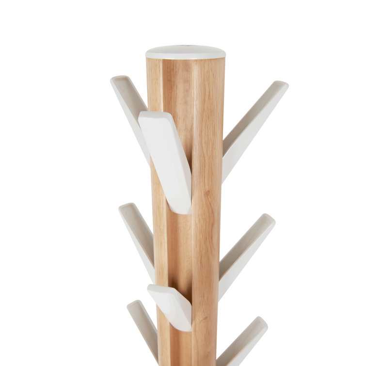 Sleek Modern White/Natural Rubberwood 9-Hook Coat Stand