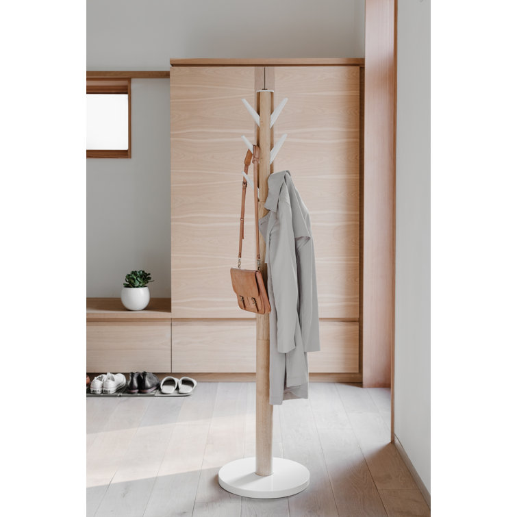 Sleek Modern White/Natural Rubberwood 9-Hook Coat Stand