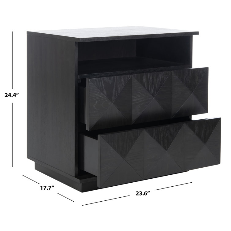 Black Geometric 2-Drawer Solid Wood Nightstand