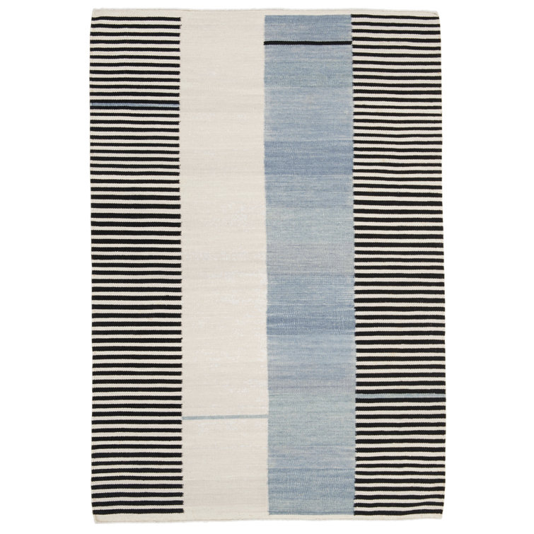 Slate and Beige Wool Stripe Flat Weave Rug, 4' x 6'