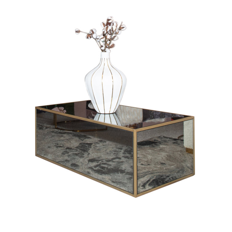 Antique Smoky Mirrored Rectangular Coffee Table with Brass Frame