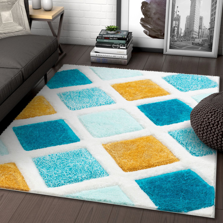 San Francisco Blue and Yellow Geometric Shag Area Rug