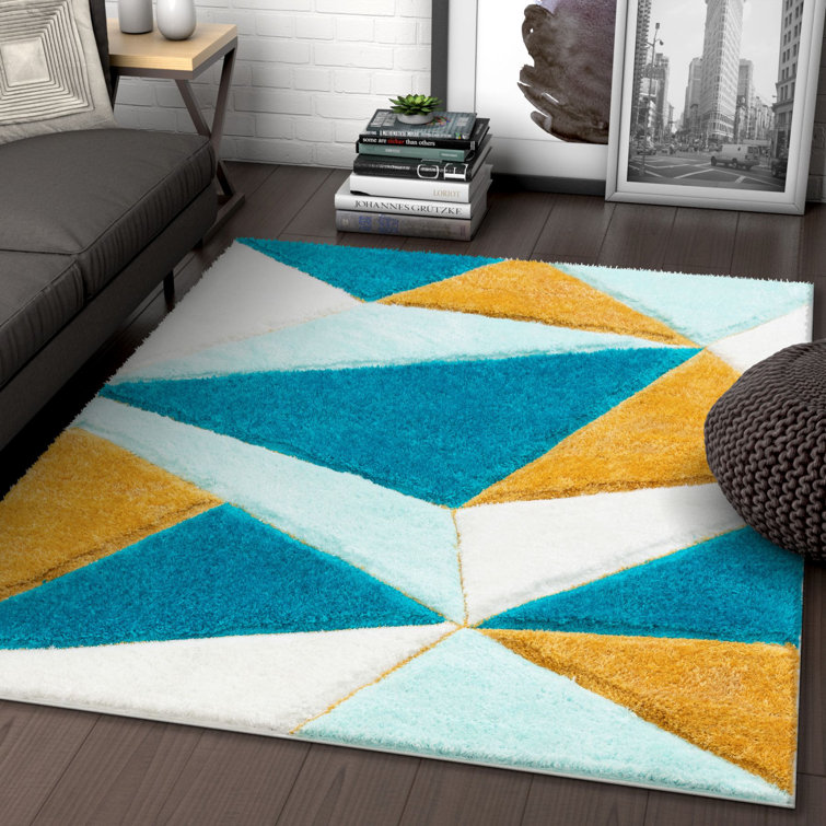 Blue Geometric 5' x 7' Shag Synthetic Area Rug