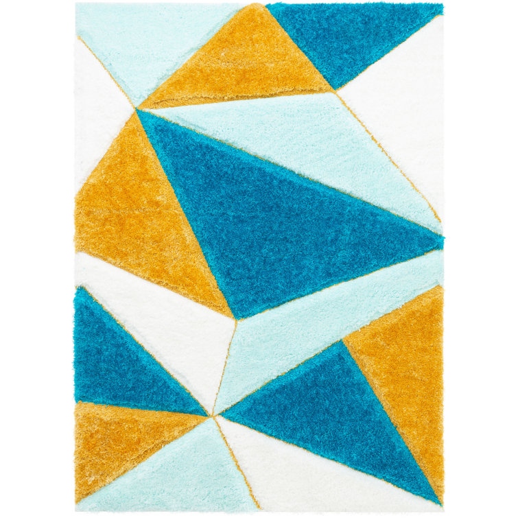 Blue Geometric 5' x 7' Shag Synthetic Area Rug