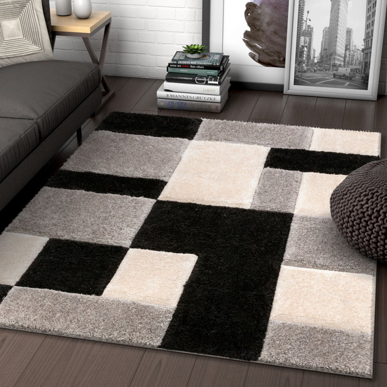 San Francisco Black and Gray Geometric Shag Area Rug 5' x 7'