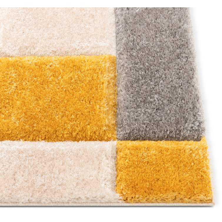 Yellow and Gray Geometric Shag Rug, 5'3" x 7'3"
