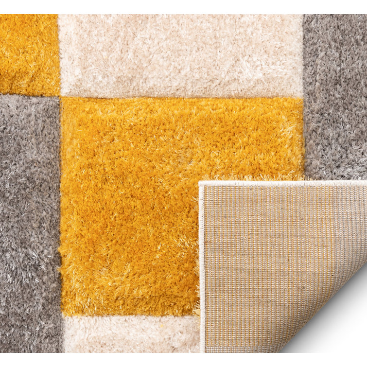 Yellow and Gray Geometric Shag Rug, 5'3" x 7'3"