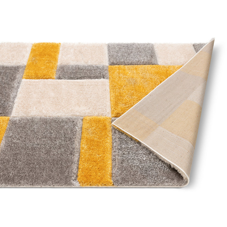 Yellow and Gray Geometric Shag Rug, 5'3" x 7'3"