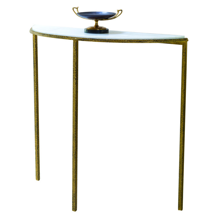 Hammered Gold Demilune Console with White Marble Top