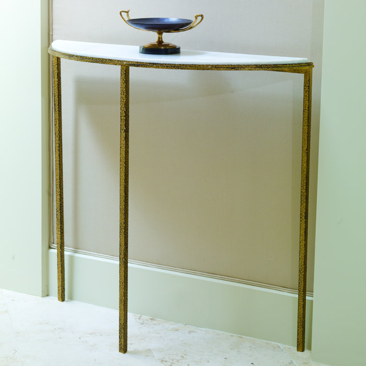 Hammered Gold Demilune Console with White Marble Top