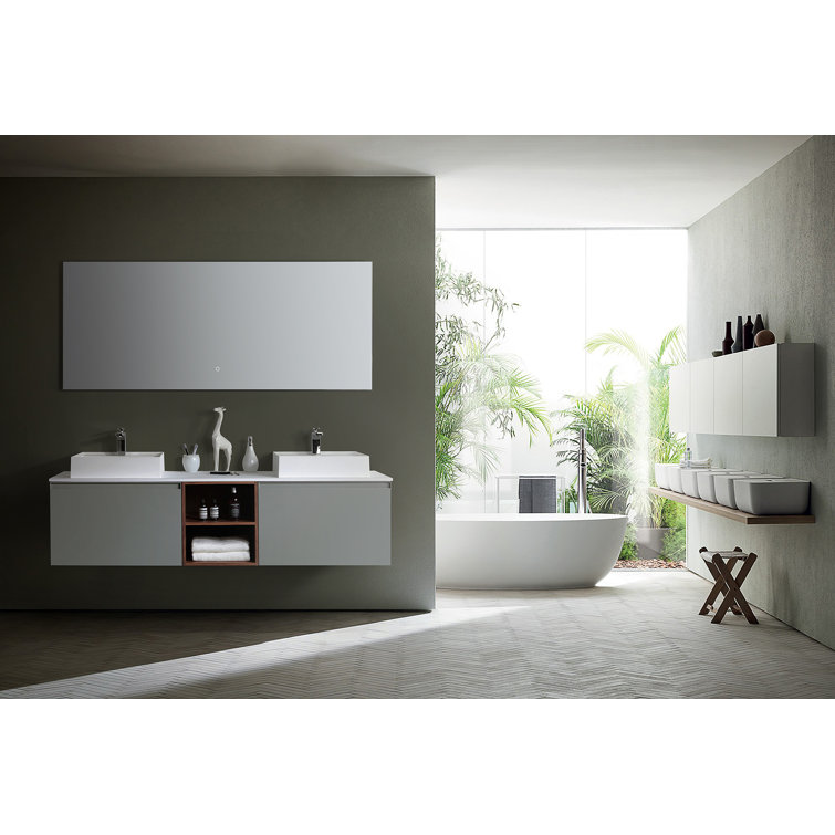 Manarola 72" Light Gray Wall-Mount Modern Vanity with Walnut Shelves