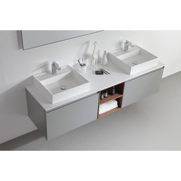 Manarola 72" Light Gray Wall-Mount Modern Vanity with Walnut Shelves