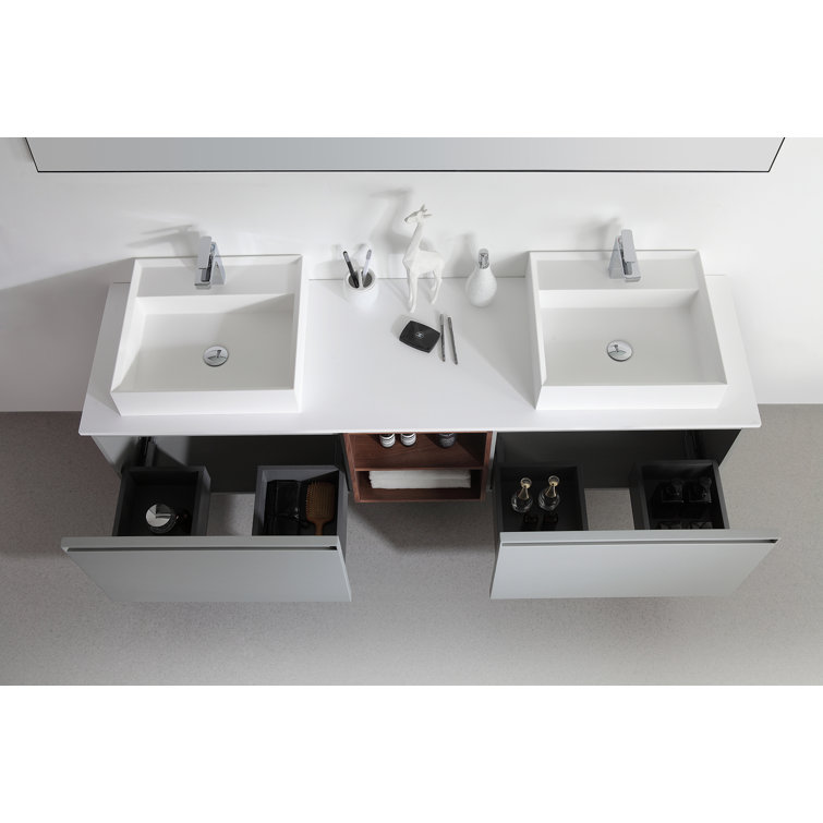 Manarola 72" Light Gray Wall-Mount Modern Vanity with Walnut Shelves