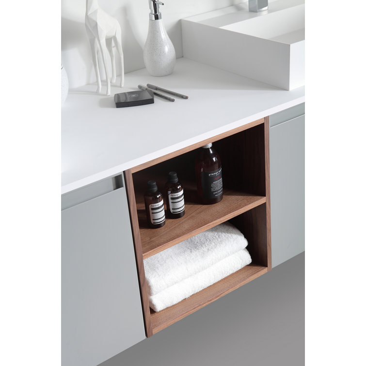 Manarola 72" Light Gray Wall-Mount Modern Vanity with Walnut Shelves