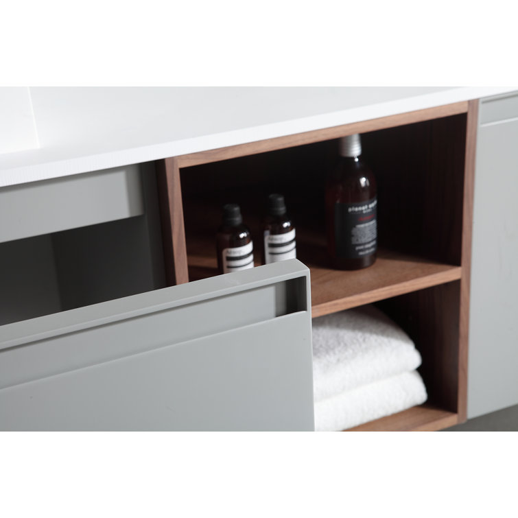 Manarola 72" Light Gray Wall-Mount Modern Vanity with Walnut Shelves