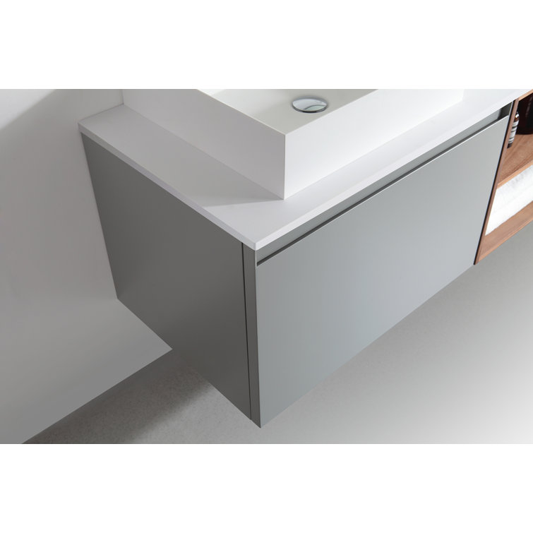 Manarola 72" Light Gray Wall-Mount Modern Vanity with Walnut Shelves