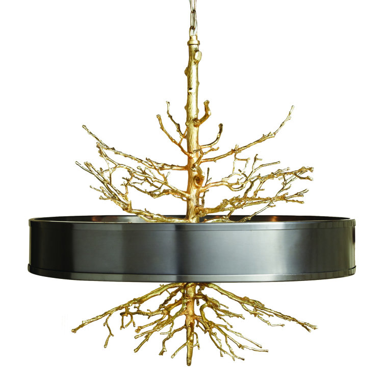 Sculptural Twig 4-Light Drum Pendant in Brass/Bronze with Glass Diffuser