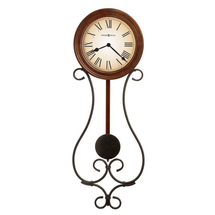 Antique Cherry and Black Iron Wall Clock with Pendulum