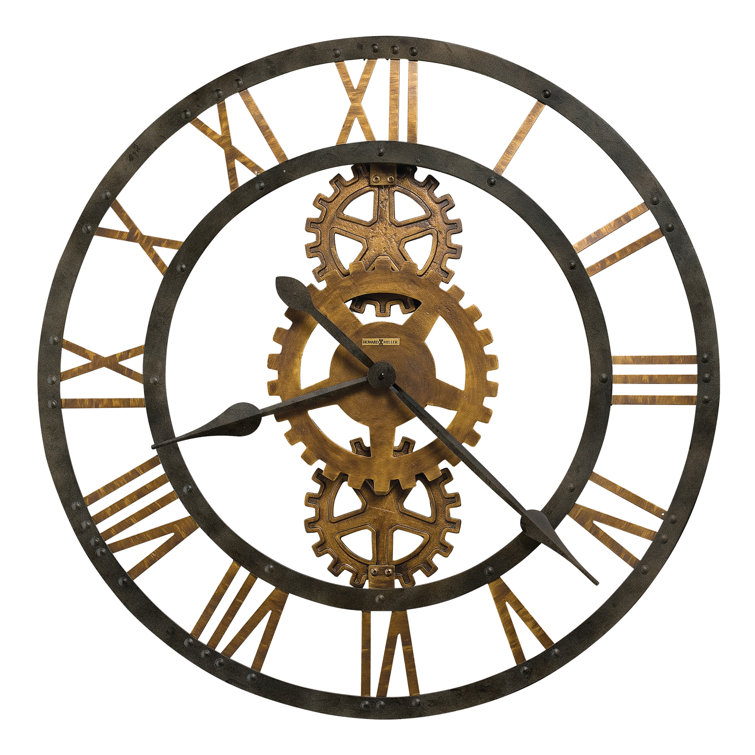 Oversized Gray and Brown Metal Wall Clock with Gears