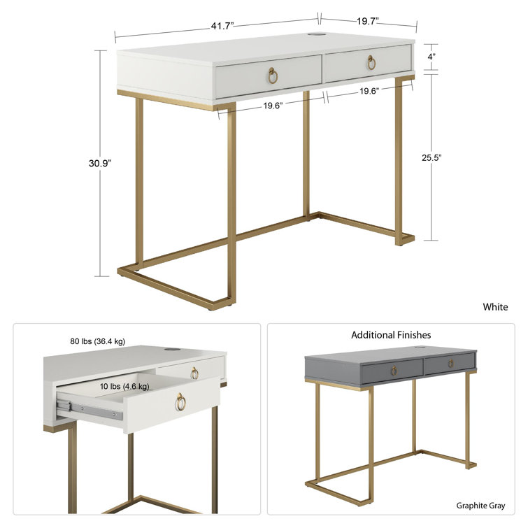 Camila White 44" Modern Writing Desk with Gold Accents & Wireless Charging