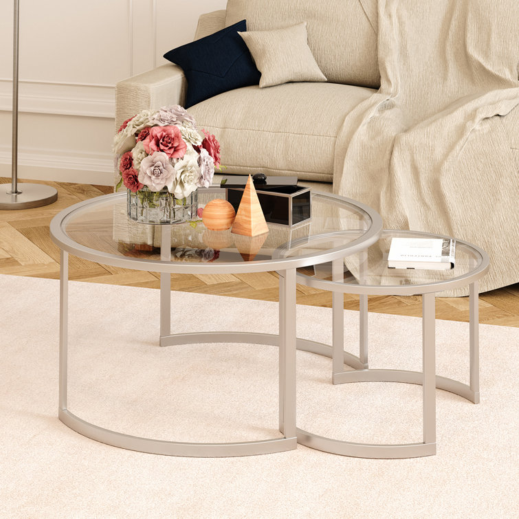 Satin Nickel Round Nested Coffee Tables with Clear Glass Top