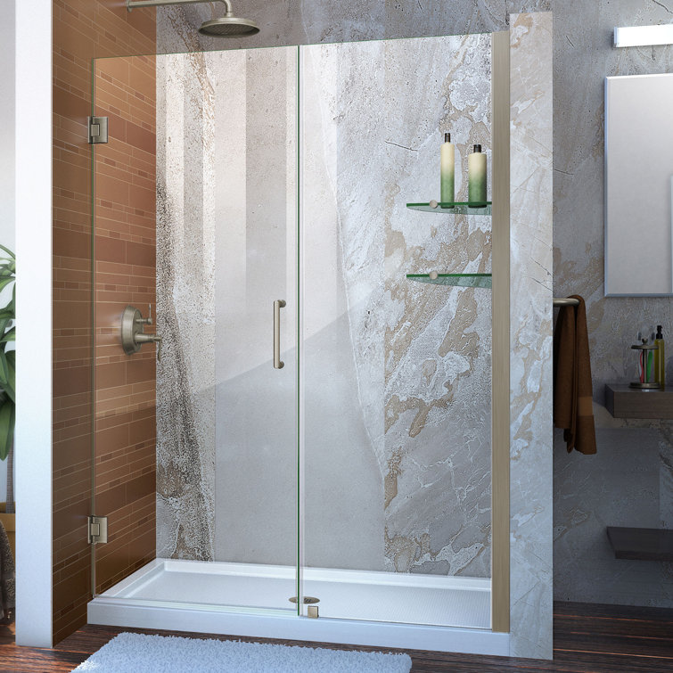 Unidoor 61" Frameless Clear Glass Hinged Shower Door with Black Hardware