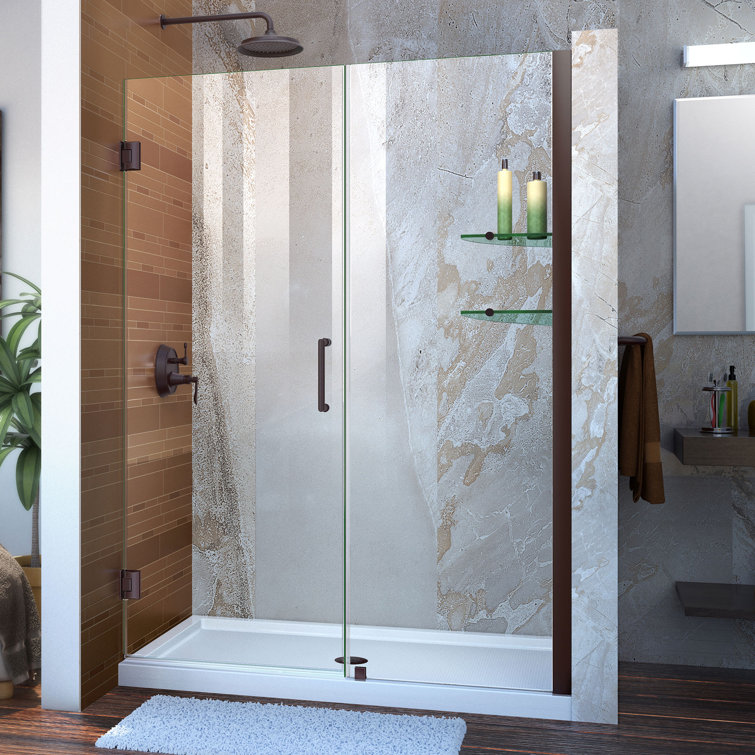 Unidoor Frameless Hinged Shower Door with Clear Glass and Black Hardware