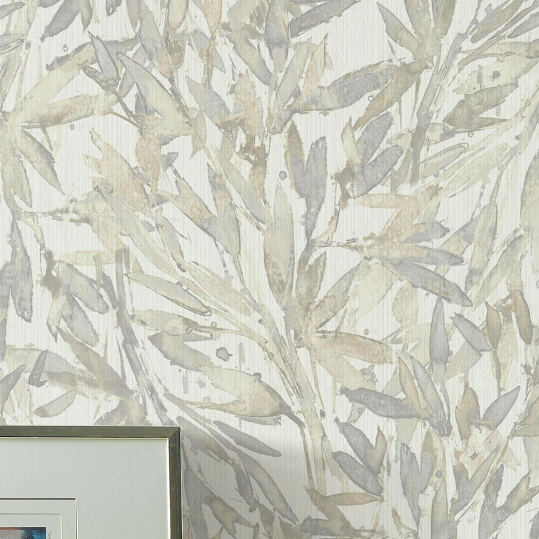 Cream and Gray Rainforest Leaves Vinyl Wallpaper