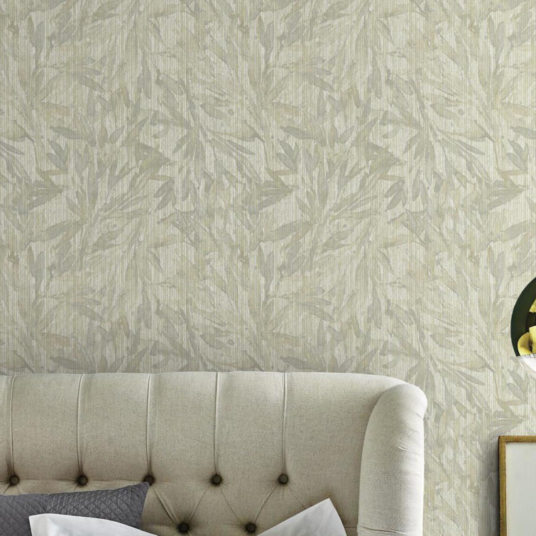 Cream and Gray Rainforest Leaves Vinyl Wallpaper