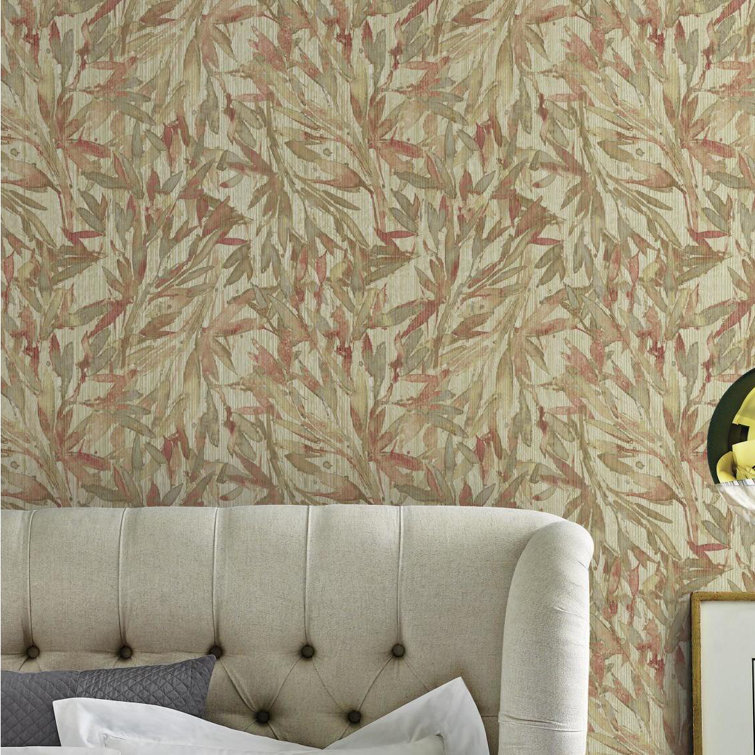 Red and Warm Gray Tropical Leaf Vinyl Wallpaper