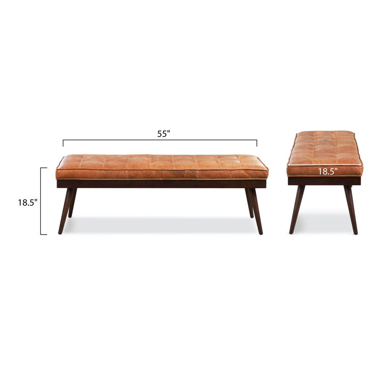 Luca 55" Cognac Tan Full-Grain Leather Bench with Mahogany Legs